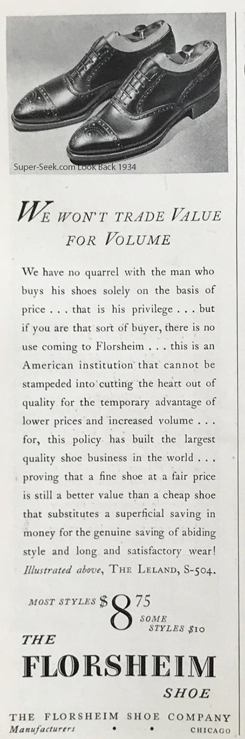 Florsheim Men's Shoes Price Cost 1934